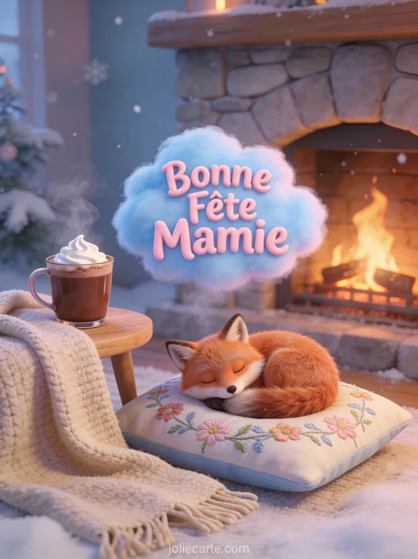 Renard roux endormi sur coussin brodé avec plaid et chocolat chaud ambiance cheminée texte Bonne Fête Mamie