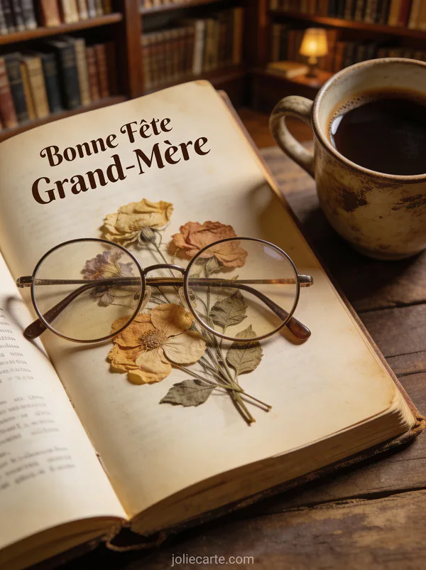 Livre ouvert avec fleurs séchées pressées lunettes rondes et tasse de café ambiance vintage texte Bonne Fête Grand-Mère