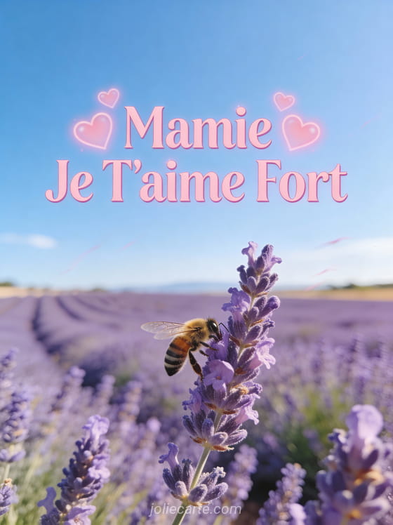 Champ de lavande en Provence avec une abeille butinant sous un ciel bleu et le texte Mamie Je T'aime Fort