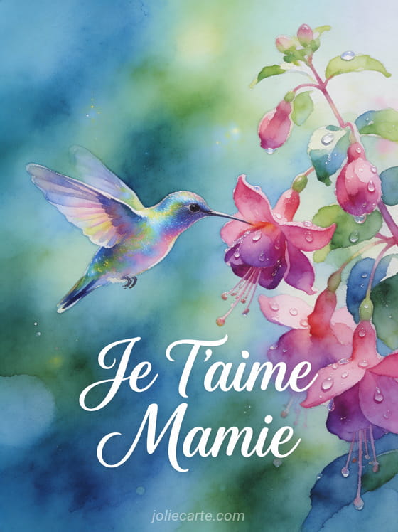 Colibri irisé près de fleurs de fuchsia avec rosée sur les pétales et le texte Je T'aime Mamie