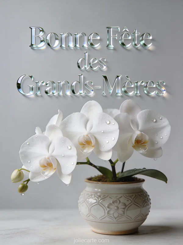 Orchidée blanche phalaenopsis en pot décoratif rosée sur pétales fond épuré texte Bonne Fête des Grands-Mères