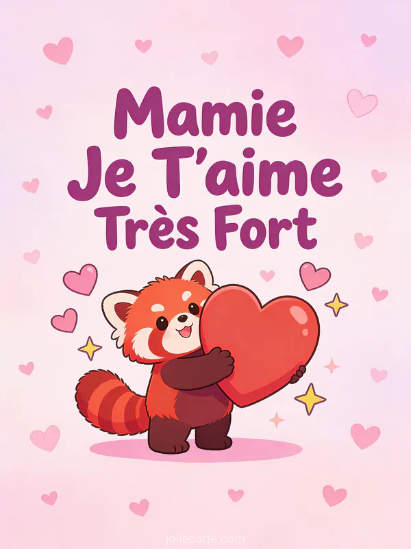 Illustration cartoon d'un panda roux serrant un gros cœur rouge sur fond rose avec Mamie Je T'aime Très Fort