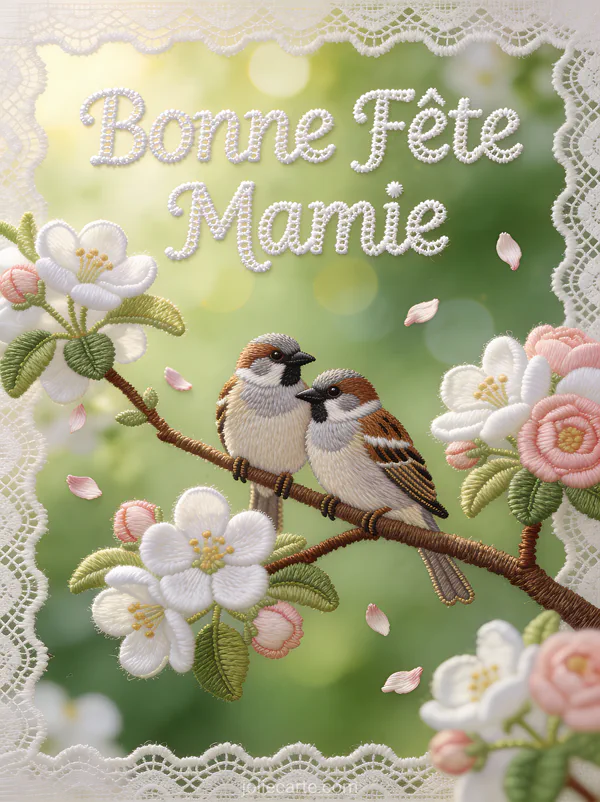 Couple de moineaux sur branche de pommier fleurs blanches et roses fond bokeh vert texte Bonne Fête Mamie brodé