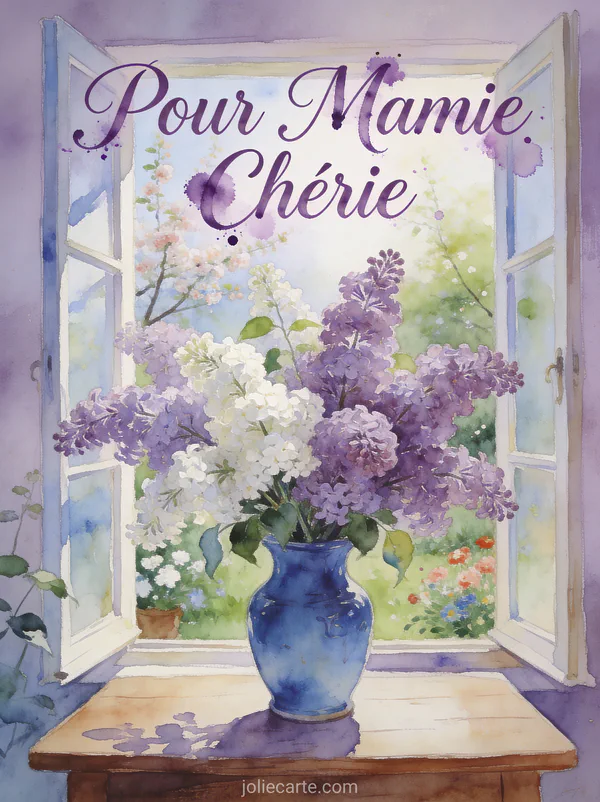 Bouquet de lilas mauve et blanc dans un vase bleu près d'une fenêtre avec le texte Pour Mamie Chérie
