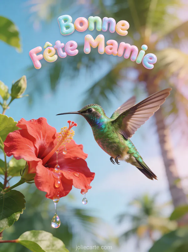 Colibri vert irisé en vol devant hibiscus rouge fond tropical flou texte Bonne Fête Mamie pastel