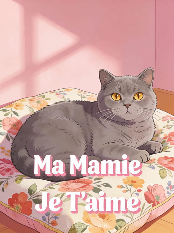 Chat british shorthair gris aux yeux dorés sur un coussin fleuri avec le texte Ma Mamie Je T'aime