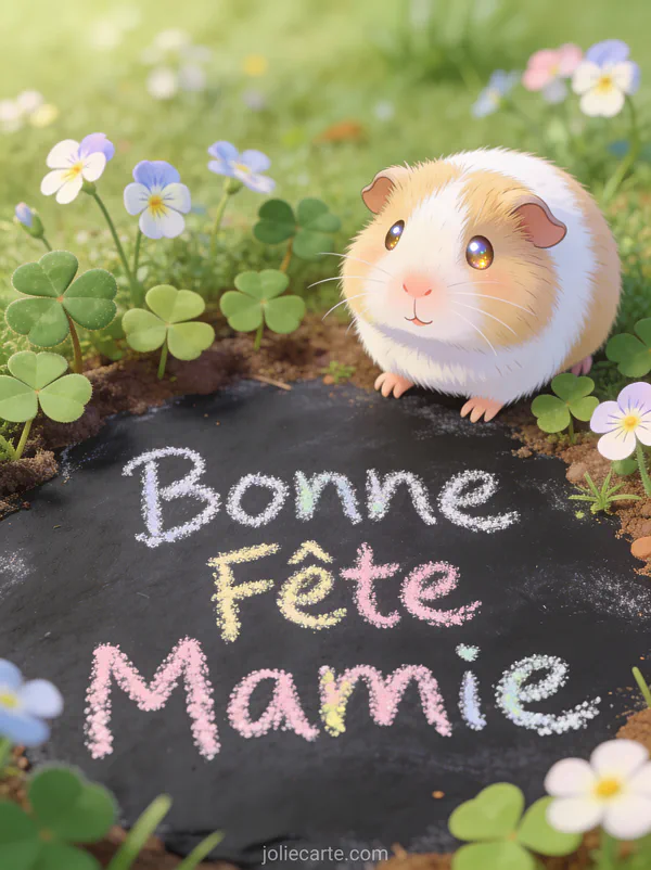 Cochon d'Inde beige et blanc dans mini jardin trèfles et pâquerettes style kawaii texte Bonne Fête Mamie craie