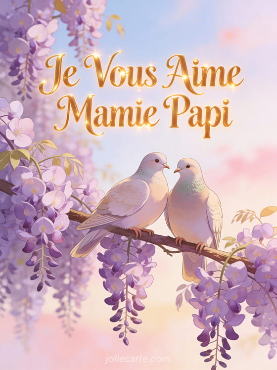 Deux tourterelles côte à côte sur une branche de glycine mauve avec le texte Je Vous Aime Mamie Papi