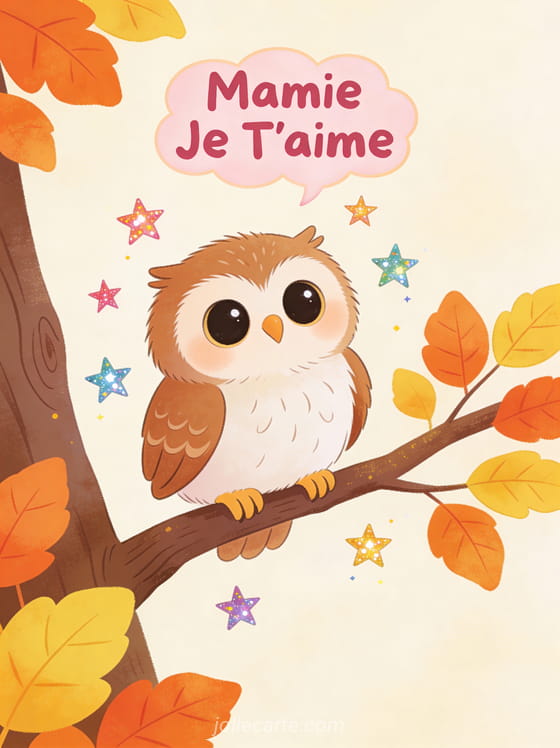 Illustration d'un petit hibou aux grands yeux sur une branche avec feuilles d'automne et Mamie Je T'aime