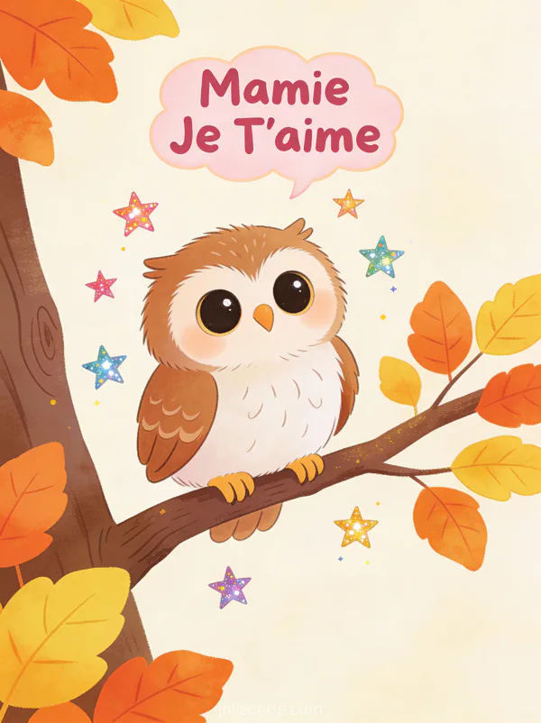Illustration d'un petit hibou aux grands yeux sur une branche avec feuilles d'automne et Mamie Je T'aime