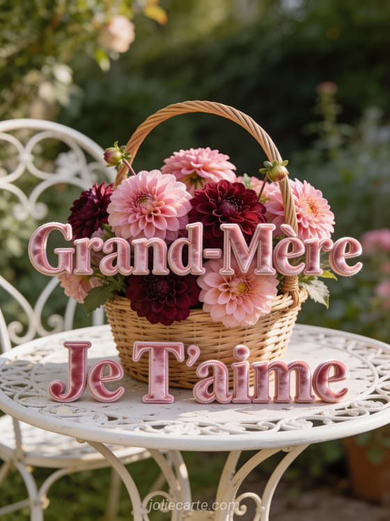 Dahlias roses et bordeaux dans un panier en osier sur une table de jardin avec Grand-Mère Je T'aime