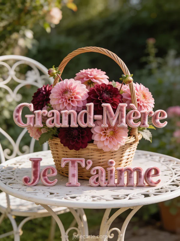 Dahlias roses et bordeaux dans un panier en osier sur une table de jardin avec Grand-Mère Je T'aime