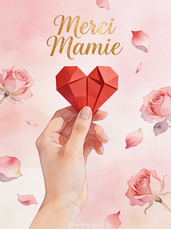 Cœur en origami rouge tenu délicatement pétales de rose fond aquarelle rose texte Merci Mamie calligraphie dorée