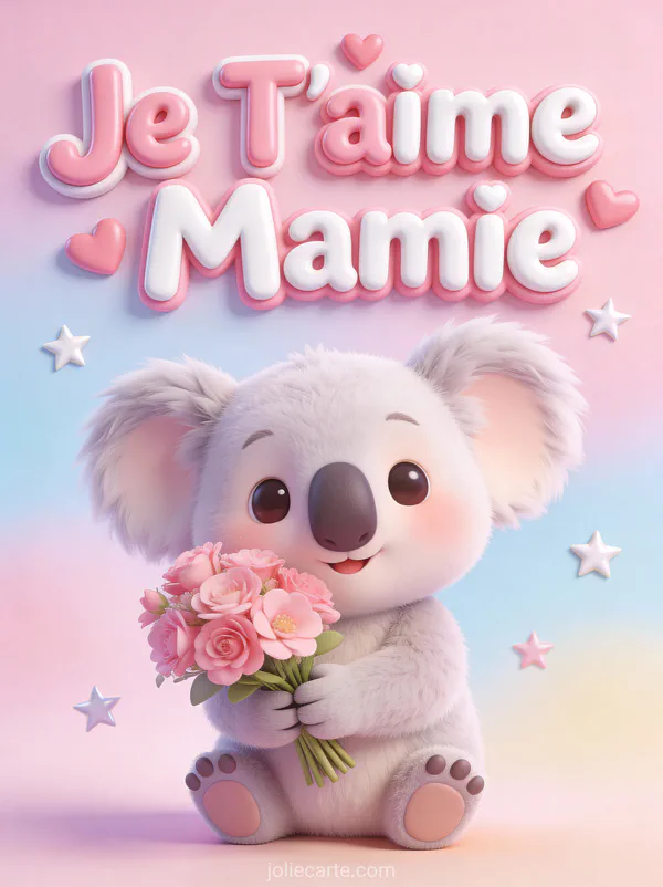 Illustration 3D d'un petit koala tenant un bouquet de fleurs roses sur fond pastel avec Je T'aime Mamie