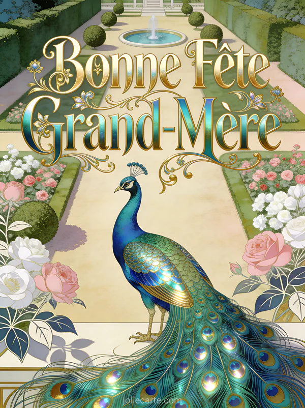 Paon majestueux plumes bleu-vert déployées jardin à la française texte Bonne Fête Grand-Mère art nouveau