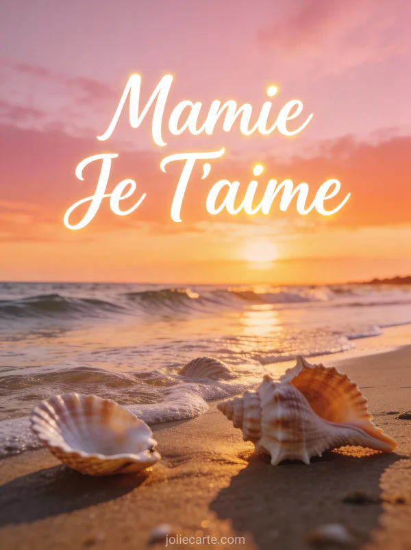 Coucher de soleil rose et orange sur une plage avec coquillages et le texte Mamie Je T'aime