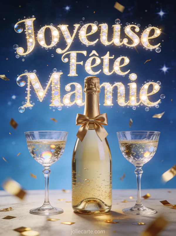 Bouteille champagne nœud doré deux coupes cristal confettis fond bleu nuit étoilé texte Joyeuse Fête Mamie