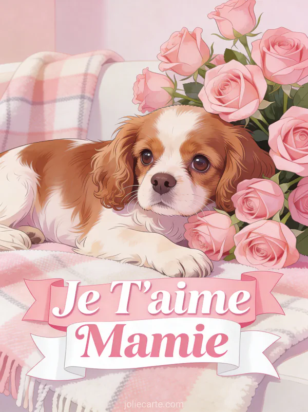 Chiot cavalier king charles près d'un bouquet de roses roses sur un plaid avec Je T'aime Mamie