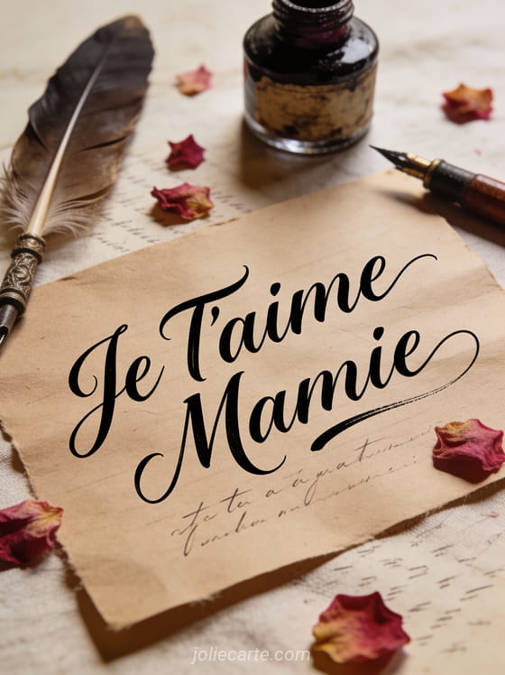 Calligraphie Je T'aime Mamie à l'encre sur papier kraft avec plume ancienne et pétales de rose