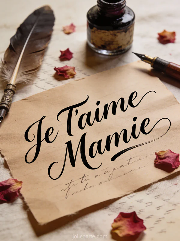 Calligraphie Je T'aime Mamie à l'encre sur papier kraft avec plume ancienne et pétales de rose
