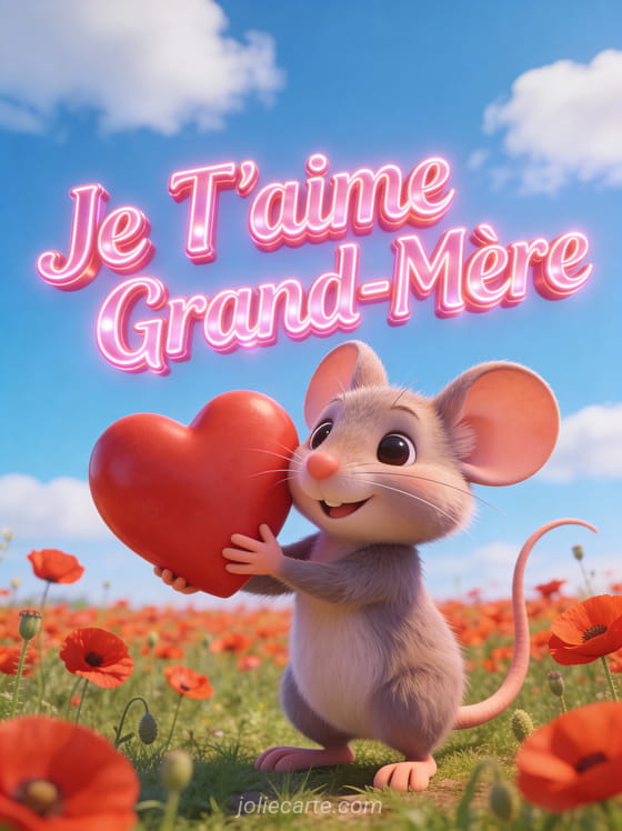 Illustration cartoon d'une petite souris tenant un cœur rouge dans un champ de coquelicots avec Je T'aime Grand-Mère