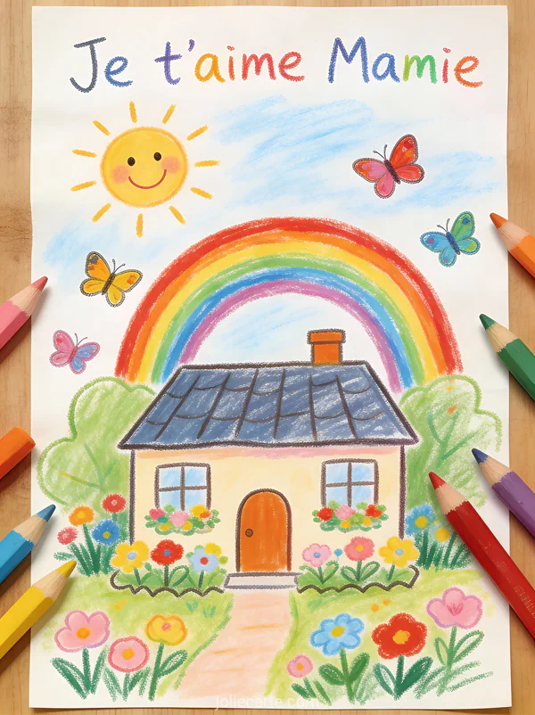 Dessin d'enfant coloré avec arc-en-ciel maison jardin fleuri et papillons avec Je T'aime Mamie