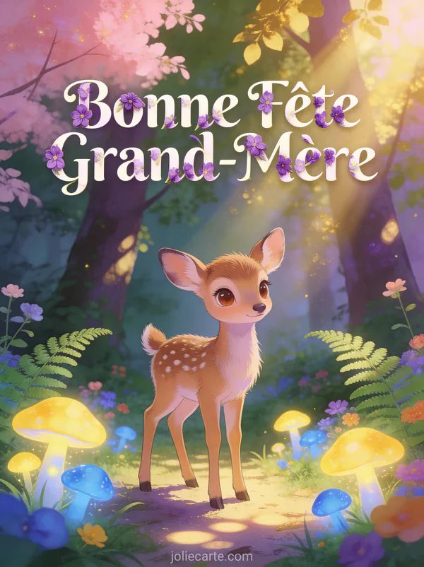 Faon aux grands yeux clairière enchantée champignons lumineux fougères rayons soleil texte Bonne Fête Grand-Mère floral