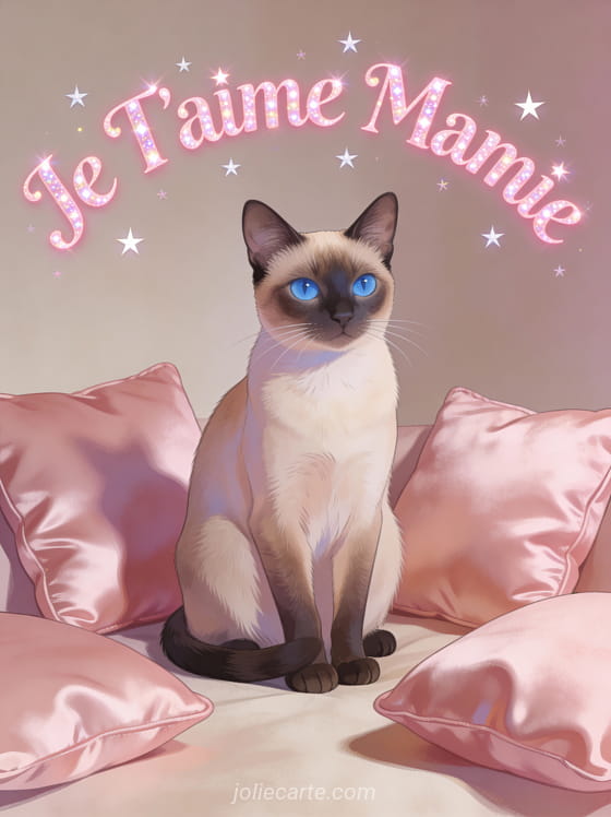 Chat siamois élégant aux yeux bleus sur des coussins de soie rose avec le texte Je T'aime Mamie scintillant