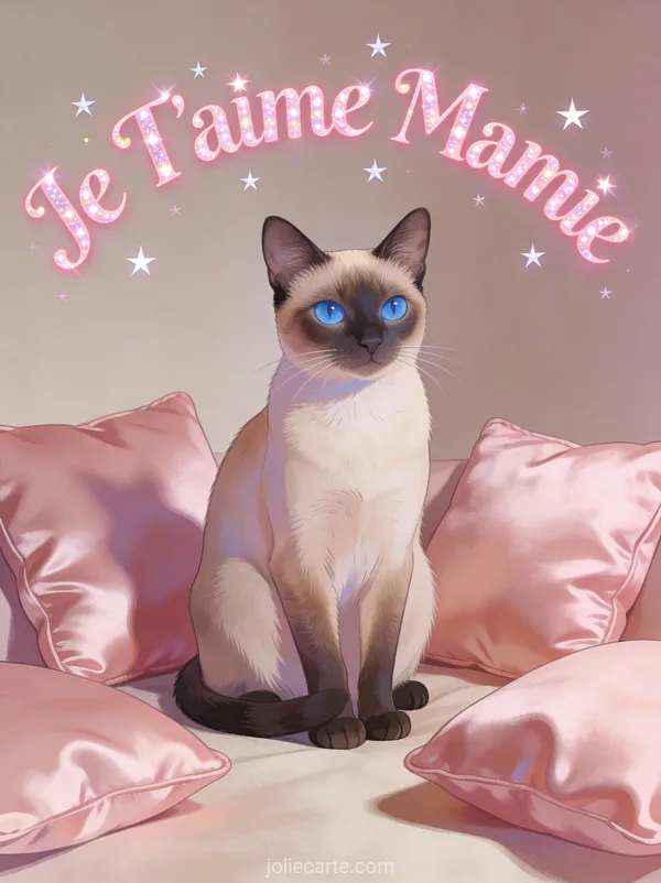 Chat siamois élégant aux yeux bleus sur des coussins de soie rose avec le texte Je T'aime Mamie scintillant