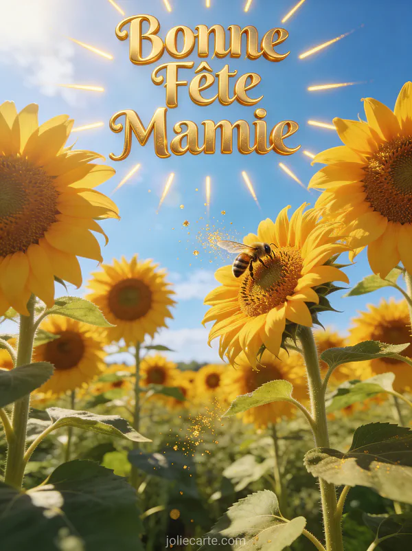 Tournesols géants champ ciel bleu été abeille butinant texte Bonne Fête Mamie rayons dorés