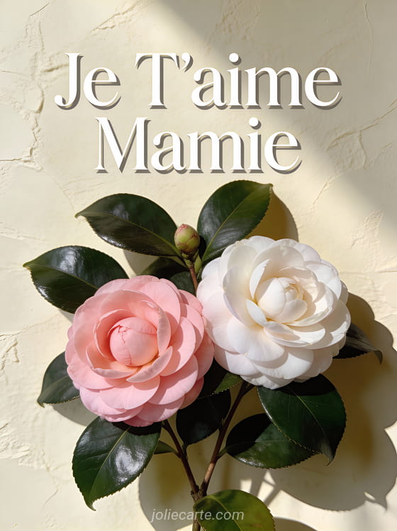 Camélias roses et blancs avec feuillage vert foncé sur fond crème et le texte Je T'aime Mamie