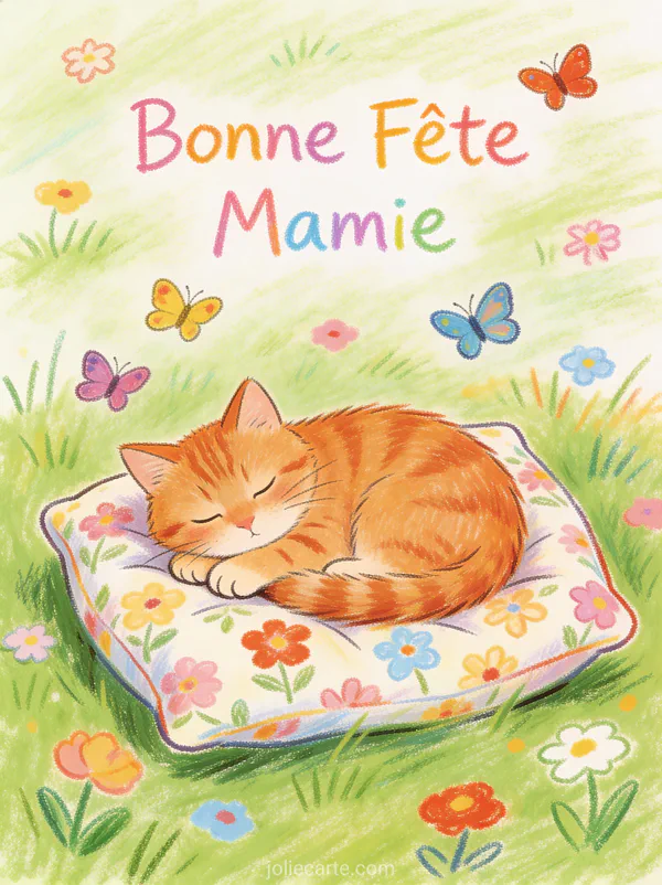 Rouges-gorges dodus branche enneigée baies rouges neige qui tombe fond hiver bleuté texte Bonne Fête Mamie givré