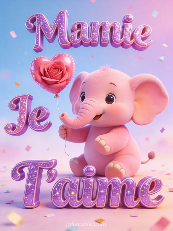 Illustration cartoon d'un petit éléphant rose tenant un ballon cœur sur fond pastel avec Mamie Je T'aime