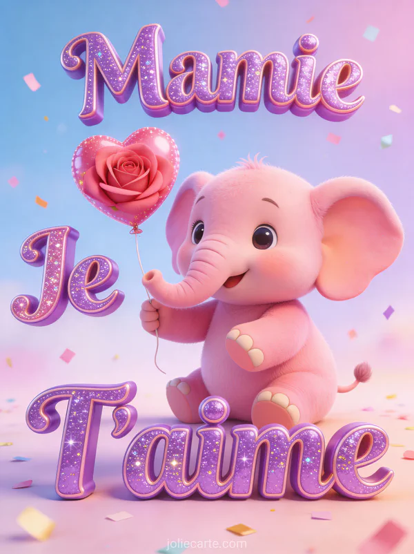 Illustration cartoon d'un petit éléphant rose tenant un ballon cœur sur fond pastel avec Mamie Je T'aime