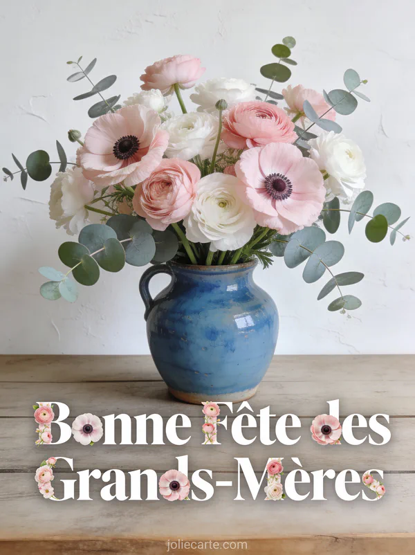 Anémones roses blanches eucalyptus vase céramique bleue fond mur blanc texte Bonne Fête des Grands-Mères fleuri