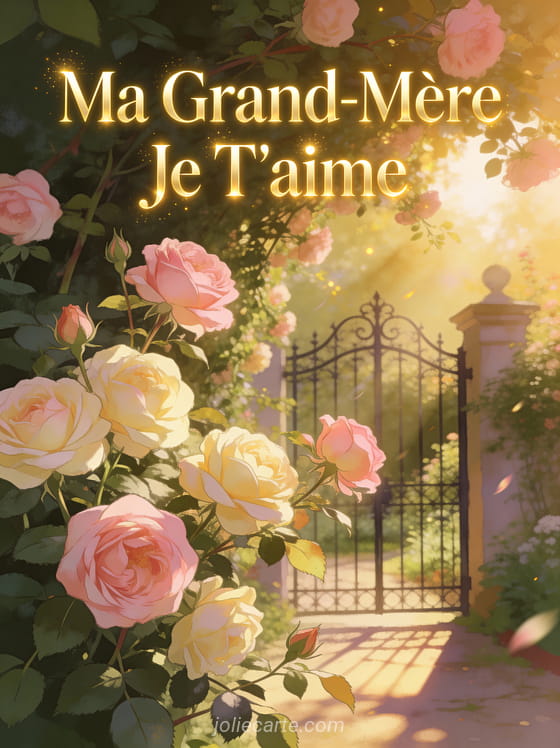 Jardin anglais avec roses anciennes grimpantes et portail en fer forgé avec Ma Grand-Mère Je T'aime