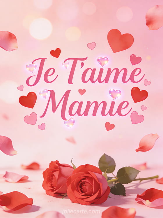 Cœurs rouges et roses de différentes tailles avec pétales de rose sur fond rose et Je T'aime Mamie