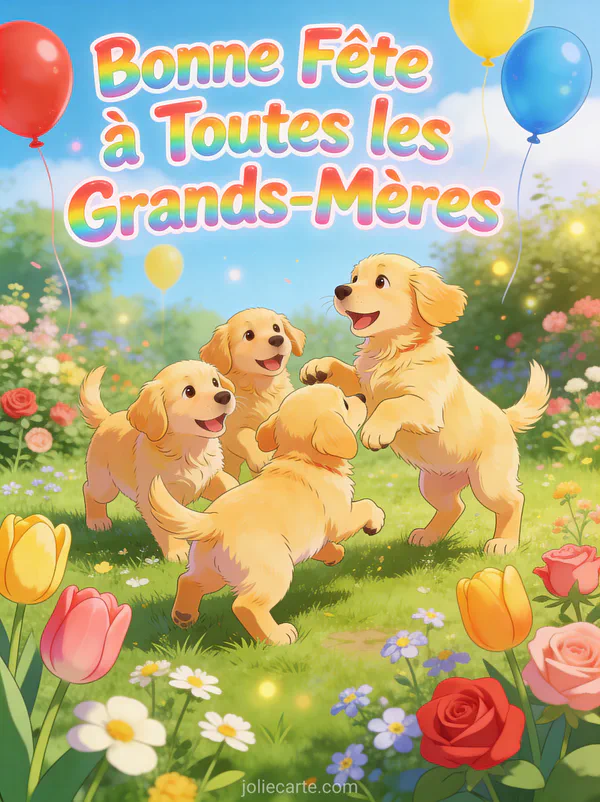 Chiots golden retriever jouant jardin fleuri ballons colorés texte Bonne Fête à Toutes les Grands-Mères arc-en-ciel