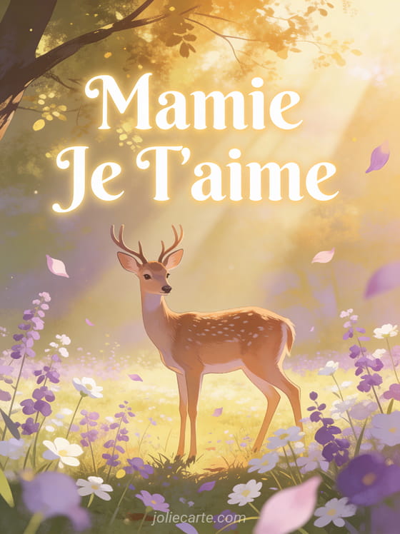 Biche gracieuse dans une clairière printanière avec fleurs des champs et rayons de soleil avec Mamie Je T'aime