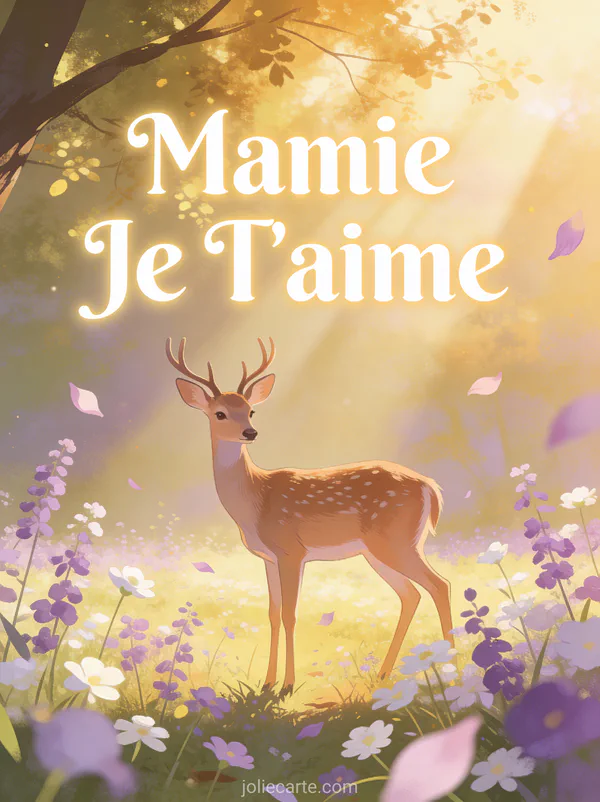 Biche gracieuse dans une clairière printanière avec fleurs des champs et rayons de soleil avec Mamie Je T'aime