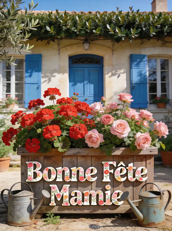 Géraniums rouges roses jardinière bois façade volets bleus arrosoir vintage texte Bonne Fête Mamie cottage