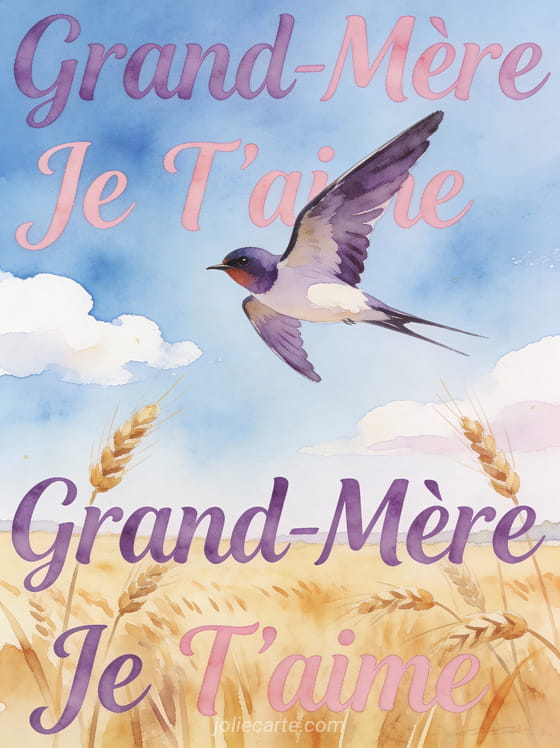 Illustration aquarelle d'une hirondelle en vol au-dessus de champs de blé dorés avec Grand-Mère Je T'aime