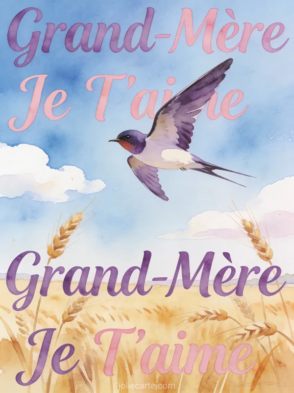 Illustration aquarelle d'une hirondelle en vol au-dessus de champs de blé dorés avec Grand-Mère Je T'aime