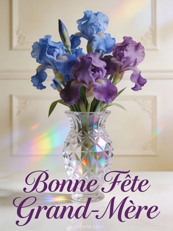 Iris bleus violets vase cristal taillé reflets arc-en-ciel fond crème texte Bonne Fête Grand-Mère calligraphie violette