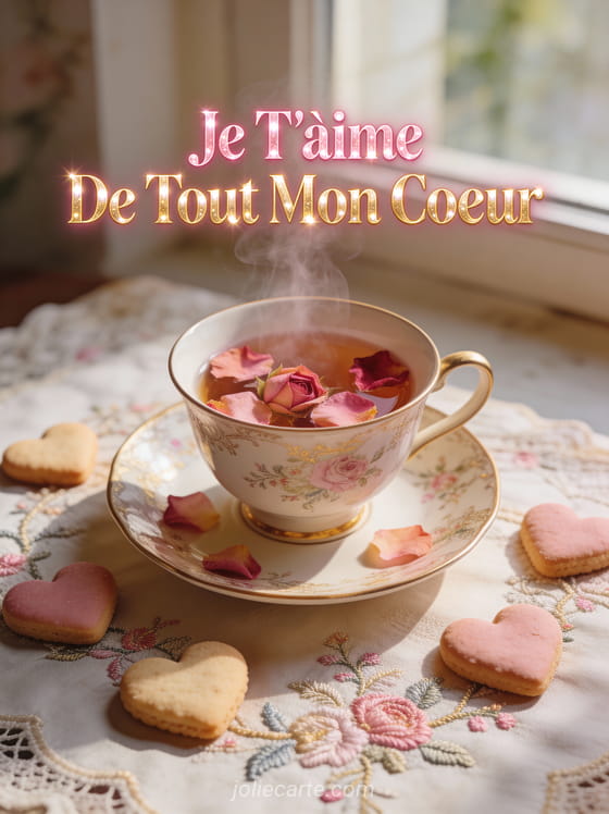 Tasse de thé avec pétales de rose et biscuits cœur sur nappe brodée avec Je T'aime De Tout Mon Cœur