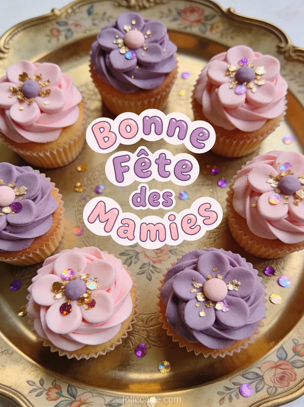 Cupcakes glaçage rose violet fleurs paillettes plateau vintage doré texte Bonne Fête des Mamies pâtisserie
