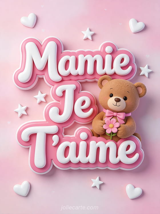 Illustration 3D d'un petit ours brun avec nœud rose tenant une fleur sur fond pastel avec Mamie Je T'aime