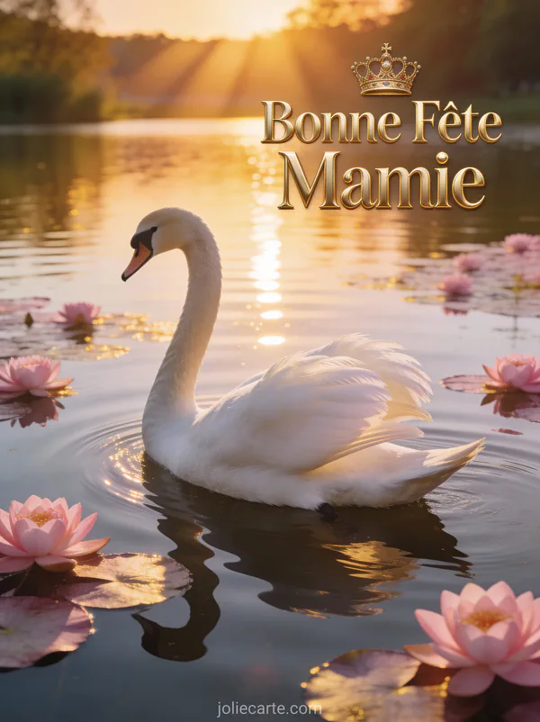 Cygne blanc lac calme coucher soleil nénuphars roses reflets dorés texte Bonne Fête Mamie couronne royale