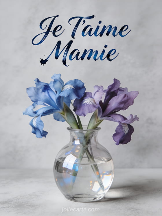 Iris bleus et violets dans un vase en verre transparent sur fond gris avec Je T'aime Mamie en calligraphie