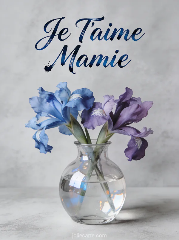 Iris bleus et violets dans un vase en verre transparent sur fond gris avec Je T'aime Mamie en calligraphie
